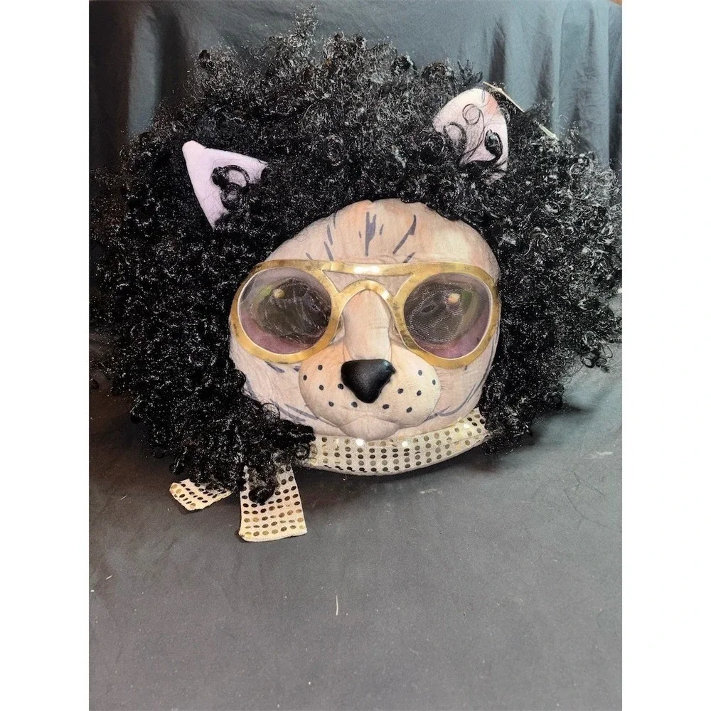 Kool Kitty Disco Cat Head Mask Mascot Head Curly Afro Gold Glasses Halloween